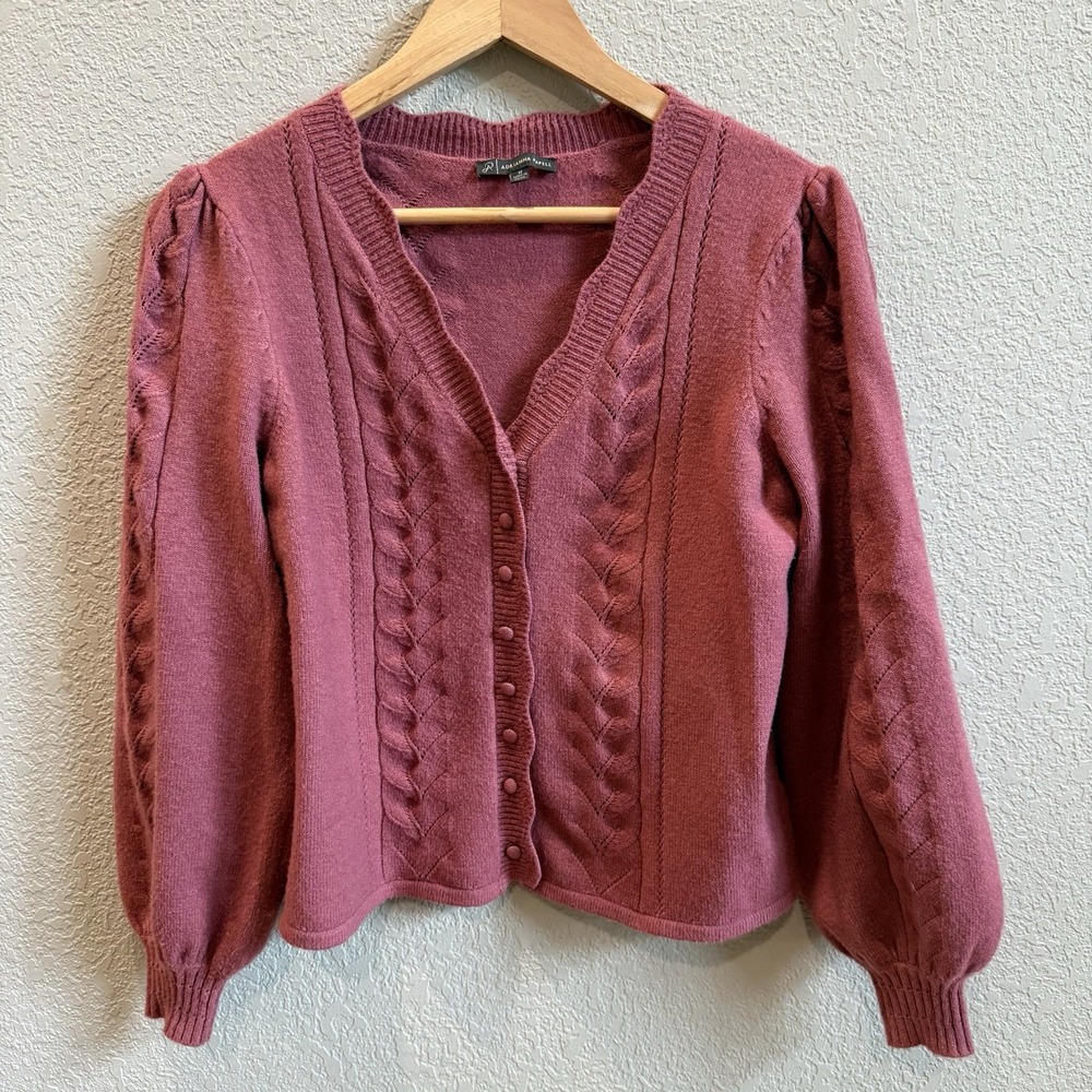 Adrianna Papell Puff Sleeve Cardigan VNeck Long Sleeve Scallop Cable Knit Detail